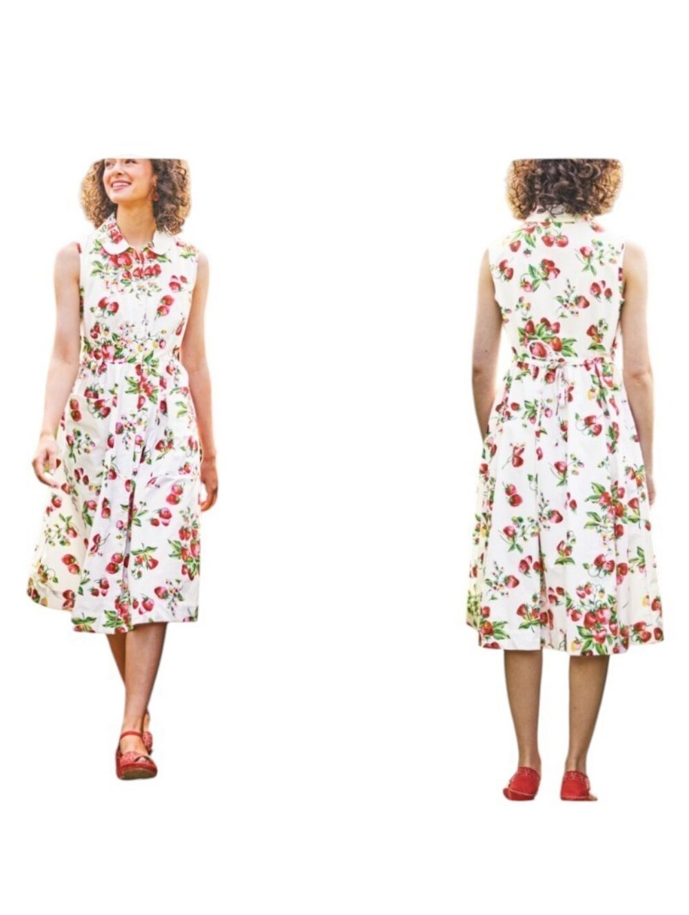 April Cornell Midi Dress Strawberry Porch Dress White Red Strawberries Print M